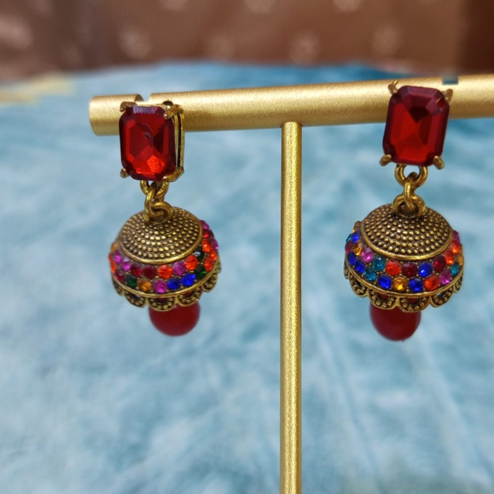 Stunning Antique/Contemporary Style Multi Stones Jhumka Earrings